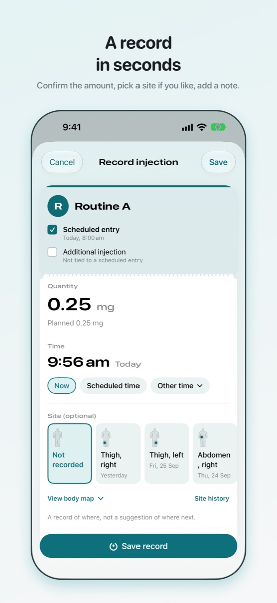 Recording an injection: quantity, time and site on one slip